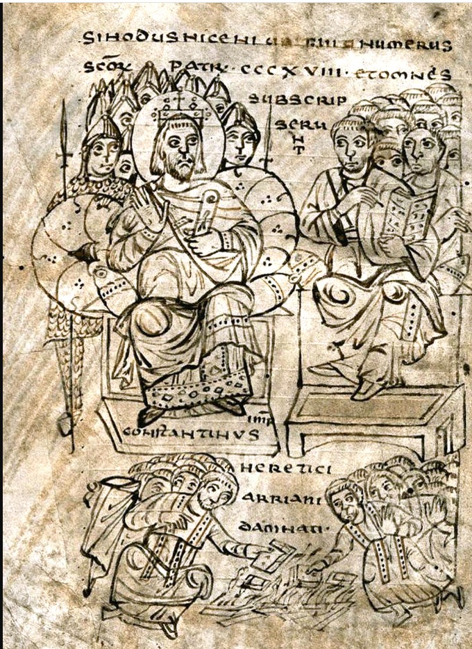 A ninth-century canon-law manuscript image depicting the Emperor Constantine presiding over the condemnation of the Arians and the burning of Arian books.