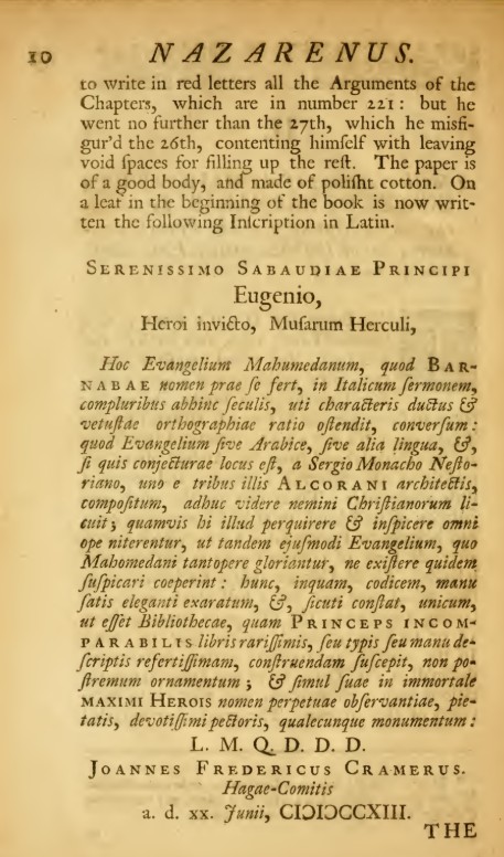Cramer’s printed Latin dedicatory note to Prince Eugene of Savoy concerning the Gospel bearing the name of Barnabas