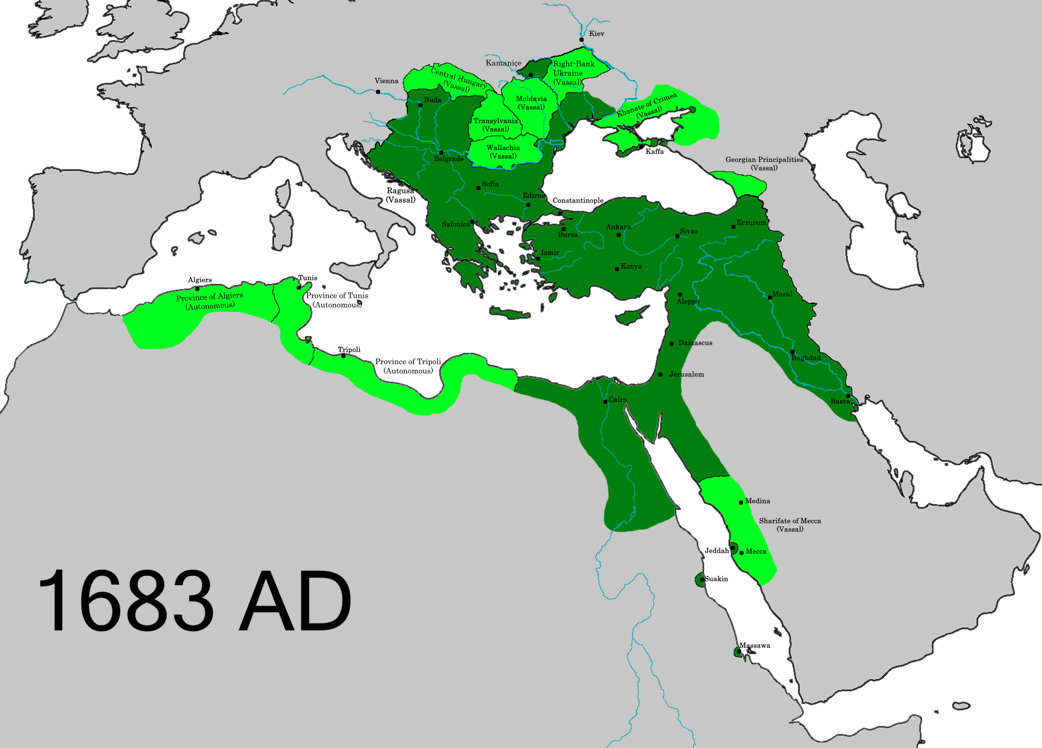 Map of the Ottoman Empire at its greatest territorial extent in 1683, distinguishing directly administered lands from vassal and autonomous territories.